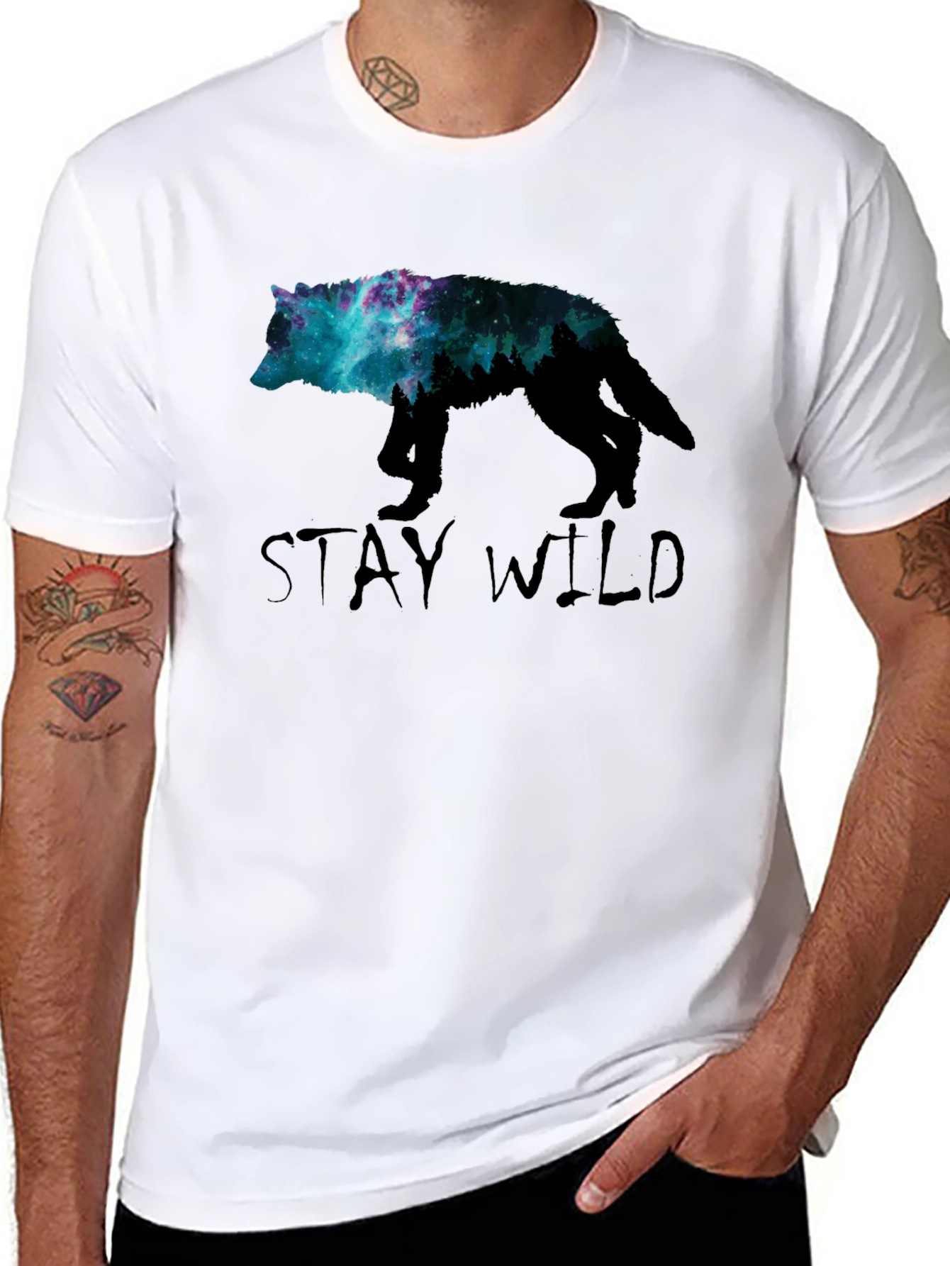 Stay Wild Wolf Galaxy Graphic Tee - Black
