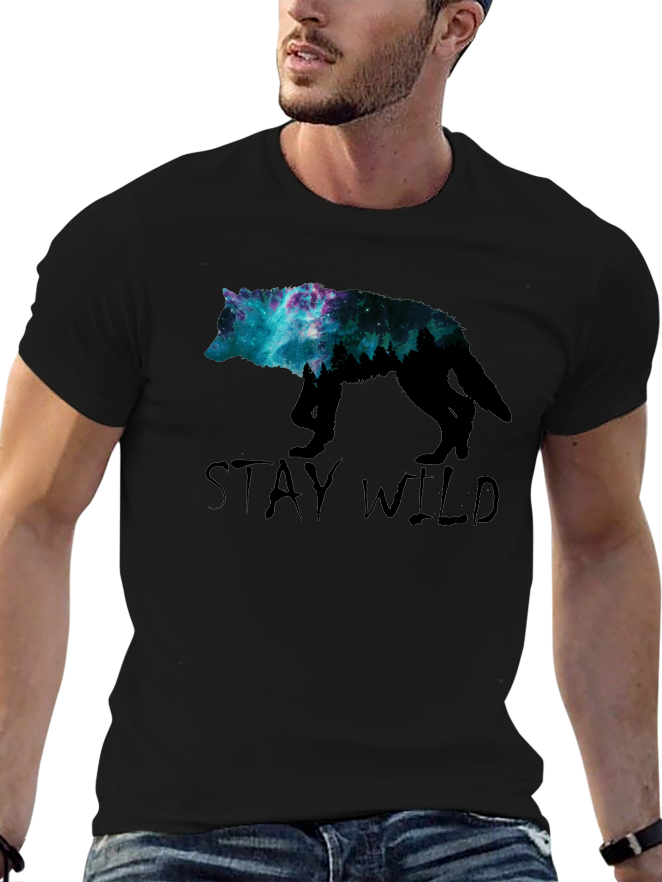 Stay Wild Wolf Galaxy Graphic Tee - Black