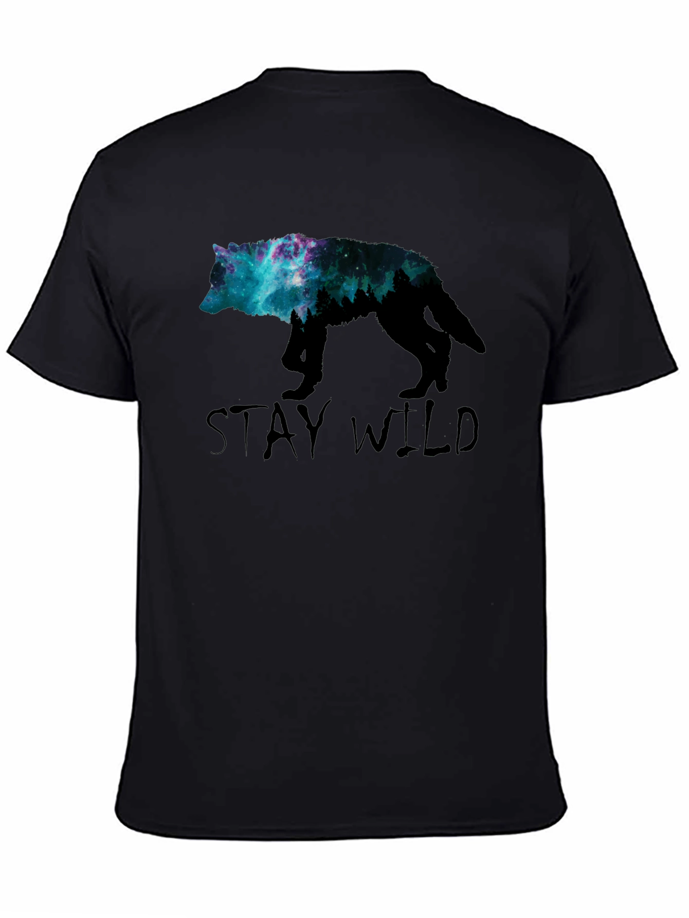 Stay Wild Wolf Galaxy Graphic Tee - Black