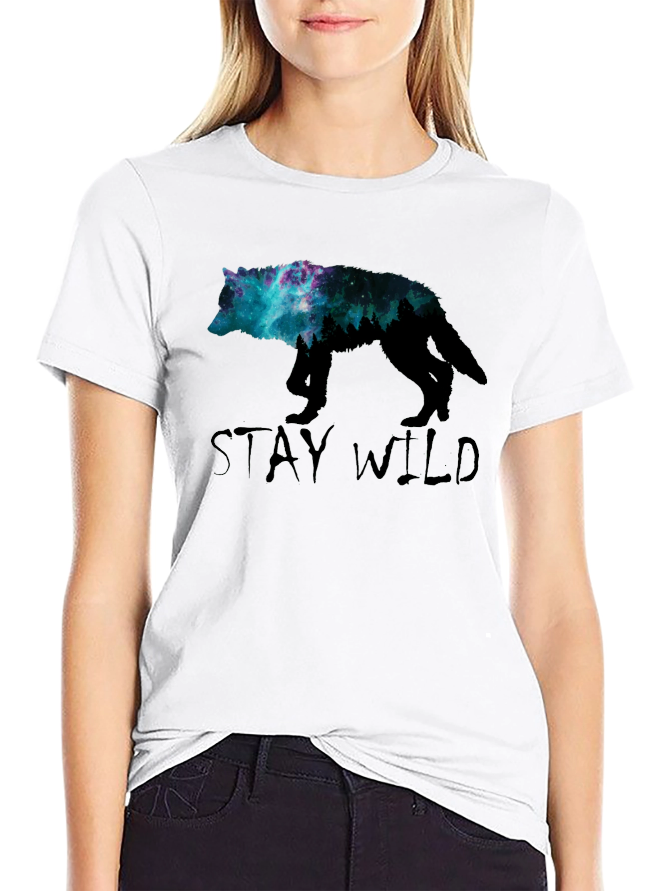 Stay Wild Wolf Galaxy Graphic Tee - Black