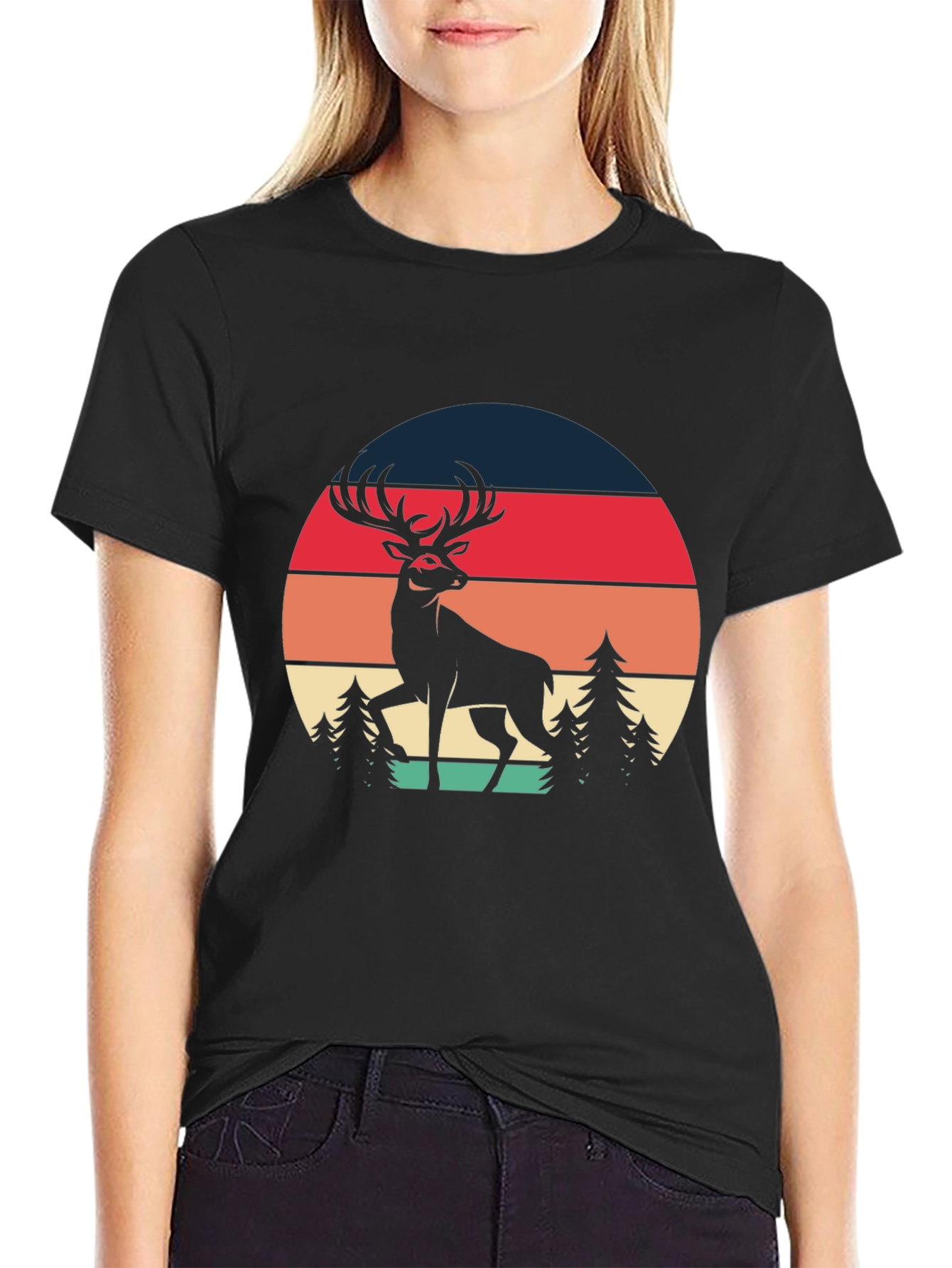 Retro Deer Graphic Tee - Black