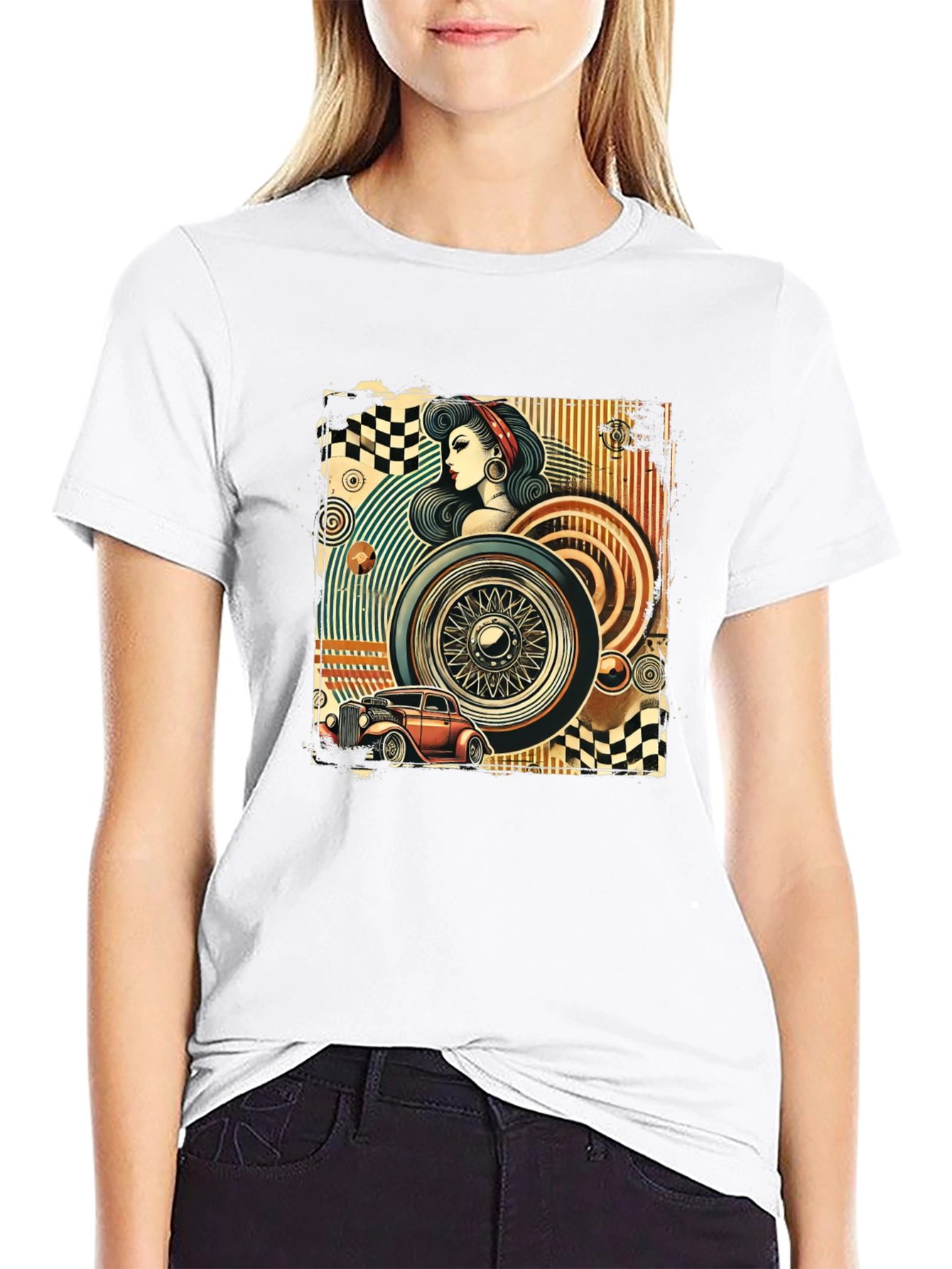 Retro Car & Pin-Up Graphic T-Shirt