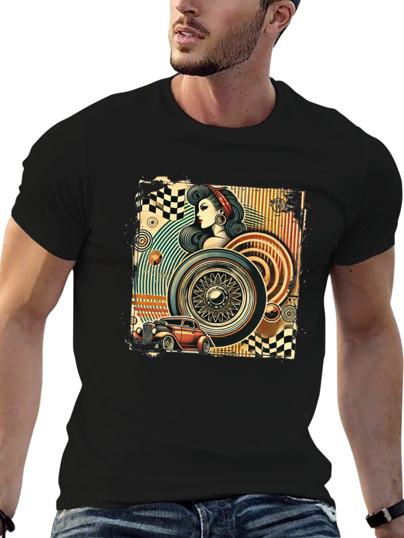 Retro Car & Pin-Up Graphic T-Shirt