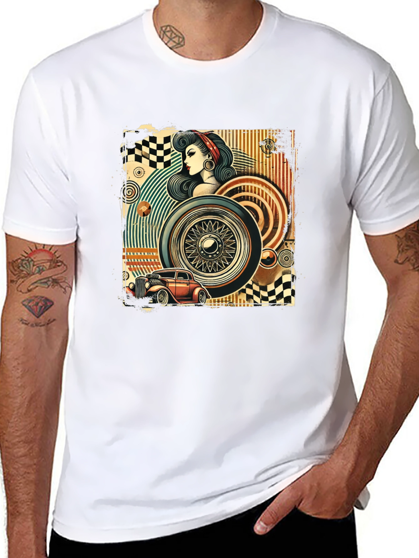 Retro Car & Pin-Up Graphic T-Shirt