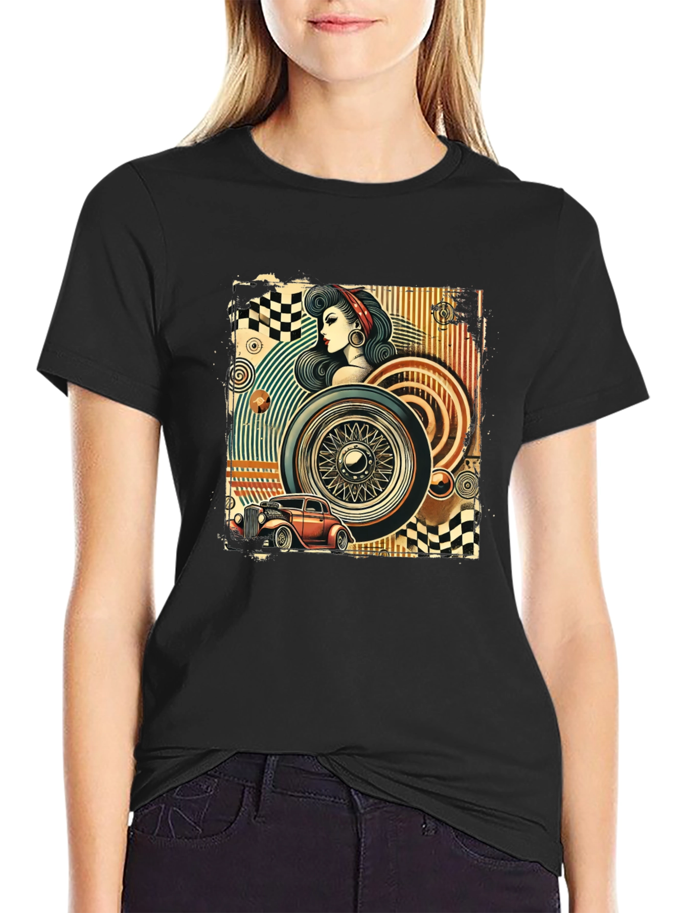 Retro Car & Pin-Up Graphic T-Shirt