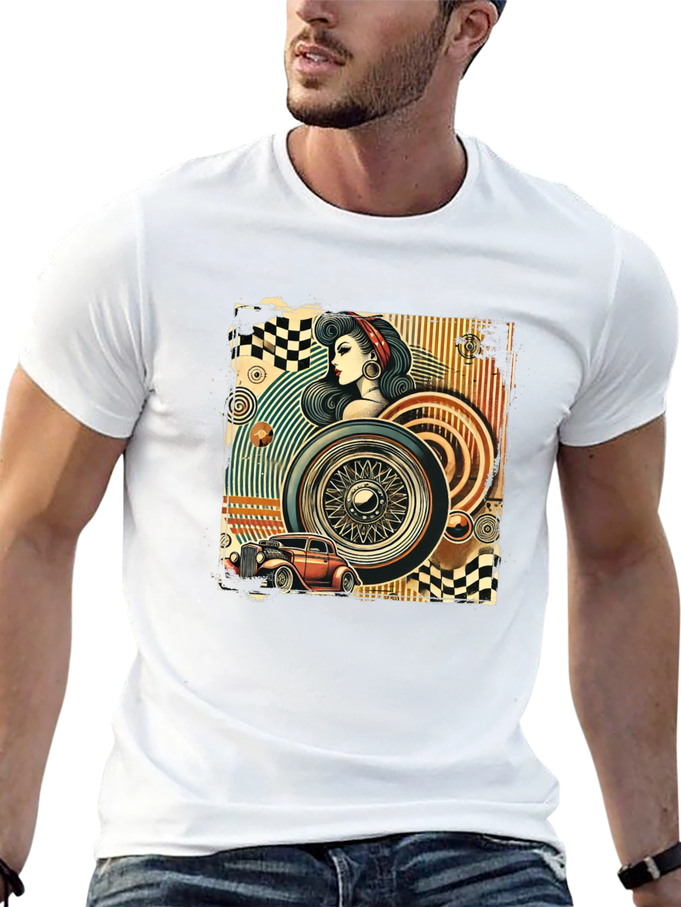 Retro Car & Pin-Up Graphic T-Shirt