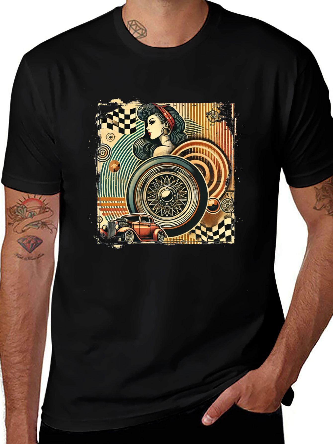 Retro Car & Pin-Up Graphic T-Shirt
