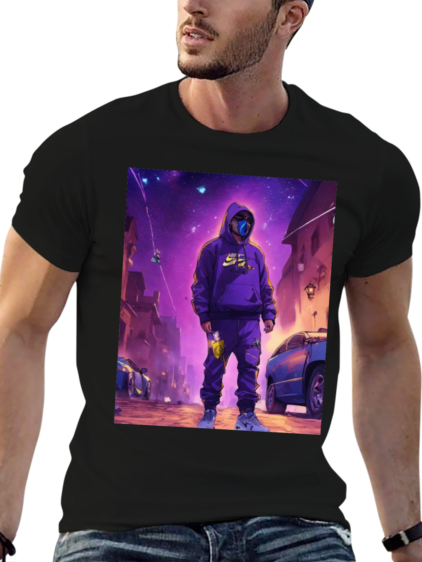 Black T-Shirt with Urban Galaxy Graphic