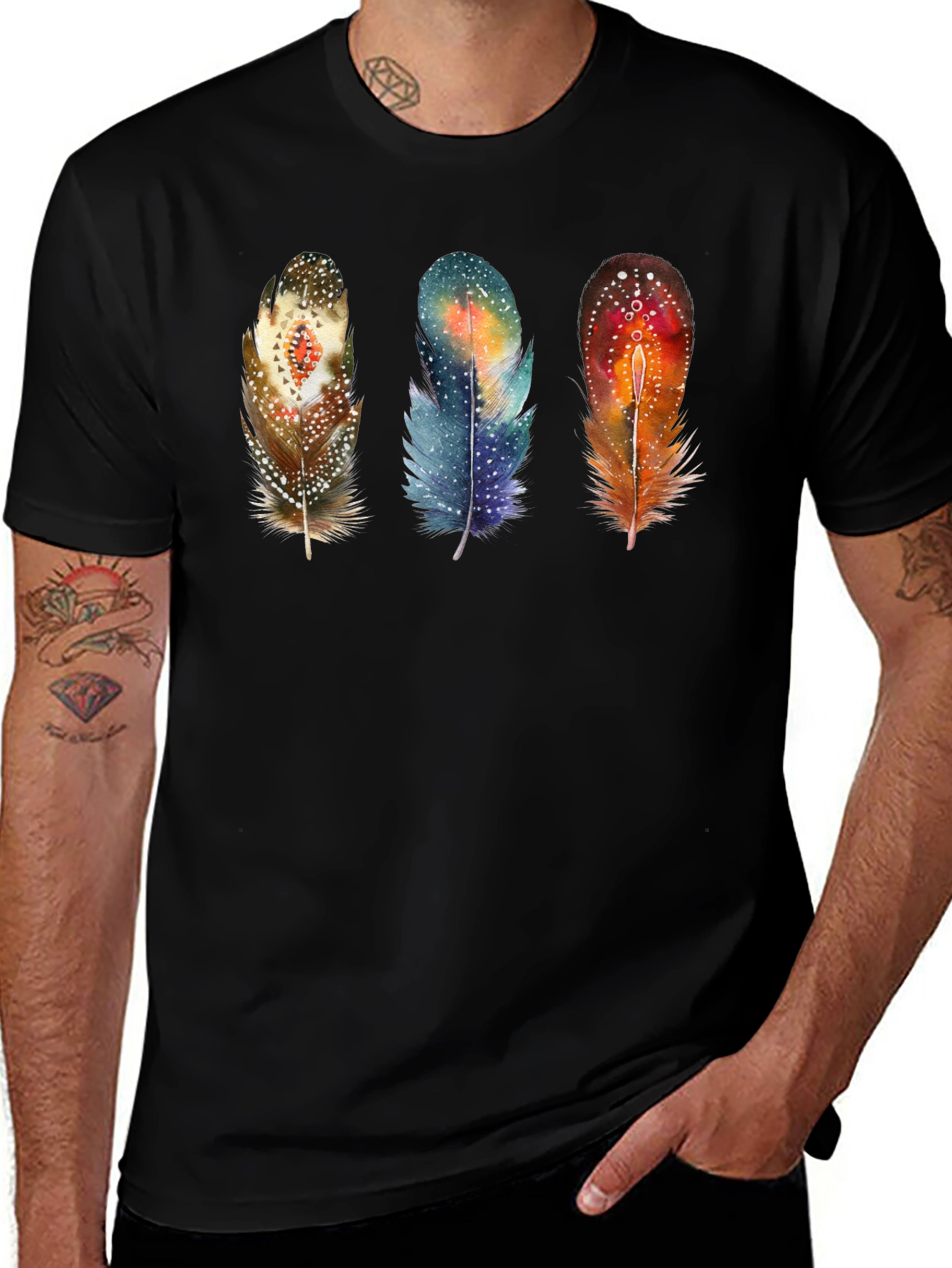 Feather Trio Graphic T-Shirt - Unique Artistic Design