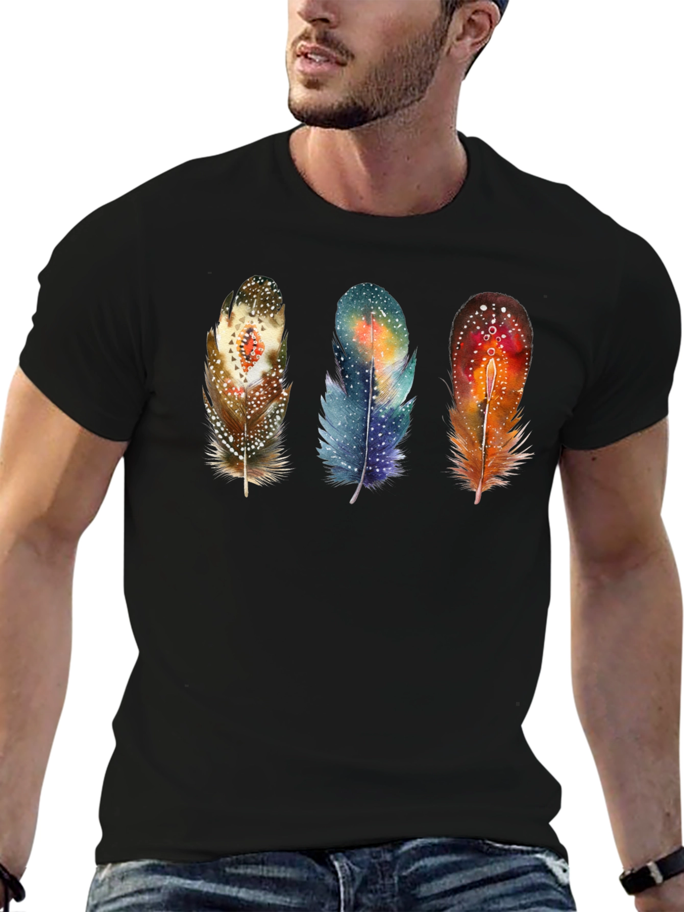 Feather Trio Graphic T-Shirt - Unique Artistic Design