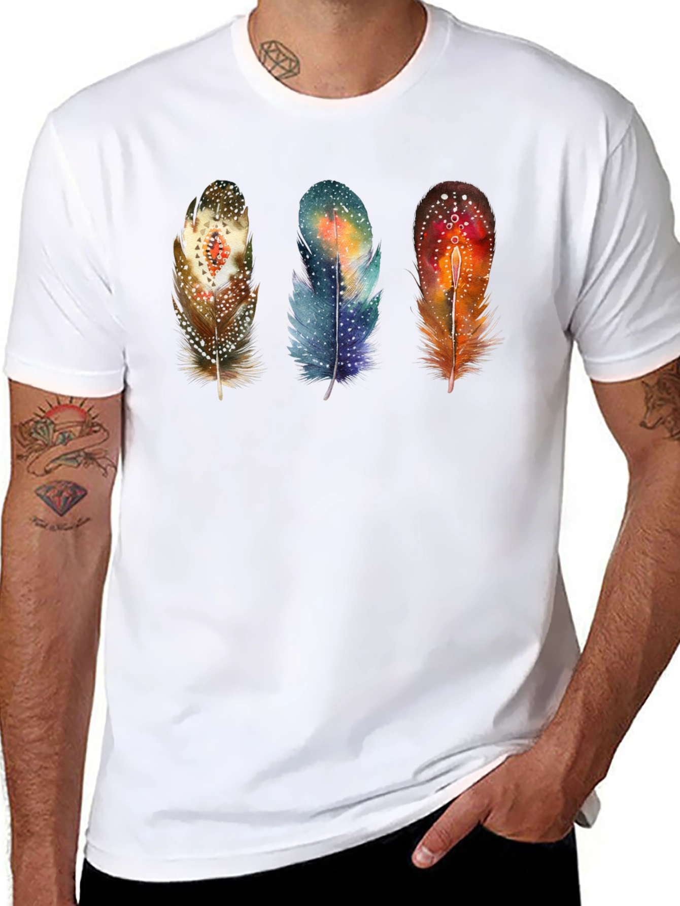 Feather Trio Graphic T-Shirt - Unique Artistic Design