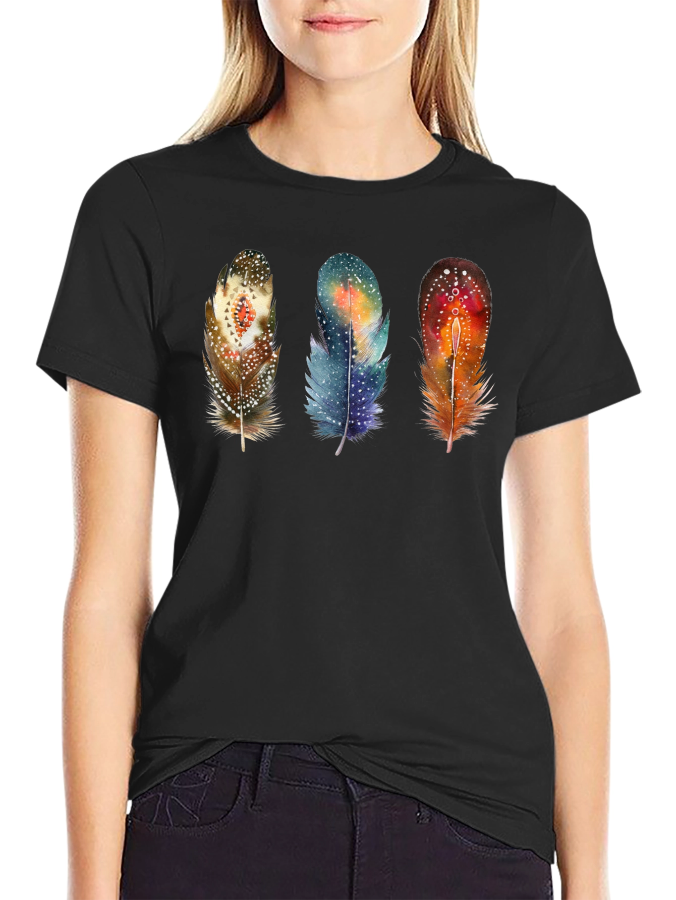 Feather Trio Graphic T-Shirt - Unique Artistic Design