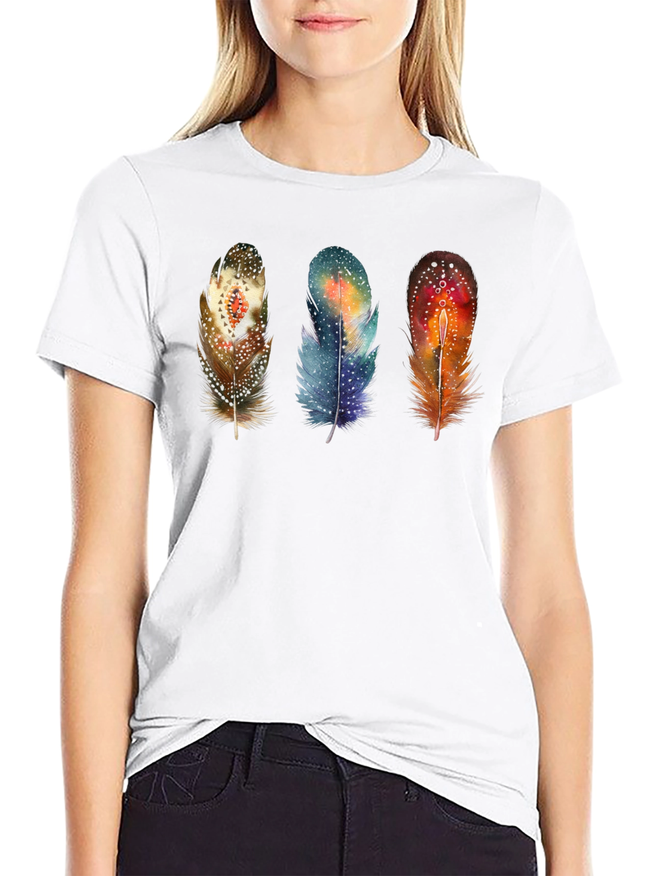 Feather Trio Graphic T-Shirt - Unique Artistic Design