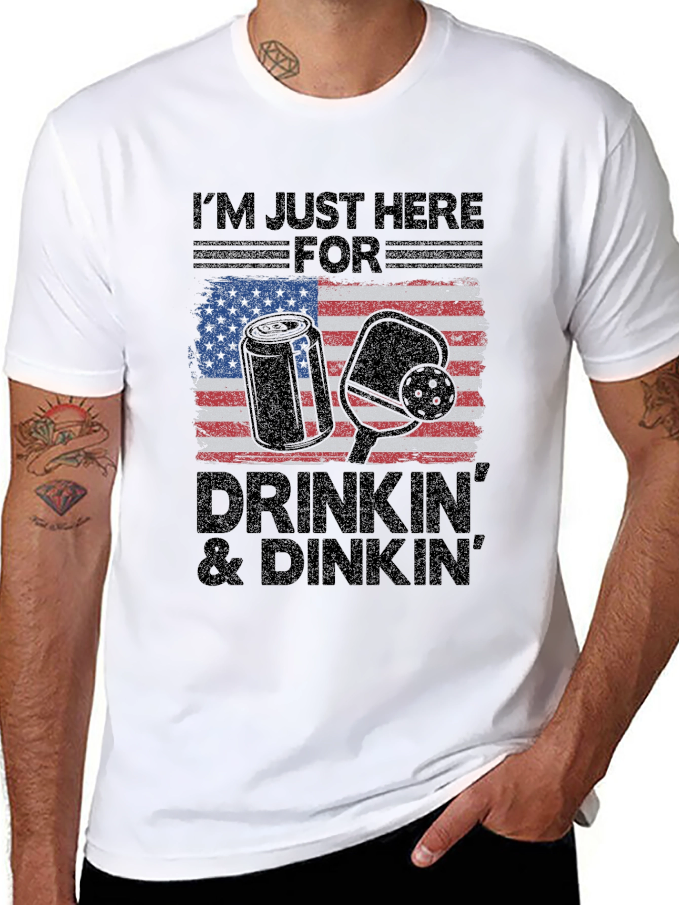 Drinkin & Dinkn T-Shirt - American Flag Pickleball Tee