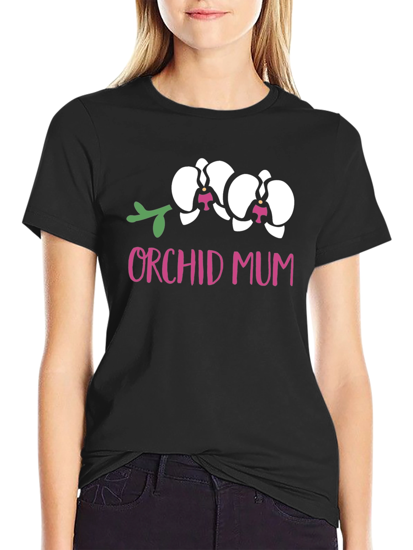 Orchid Mum Graphic Tee - Black Cotton T-Shirt