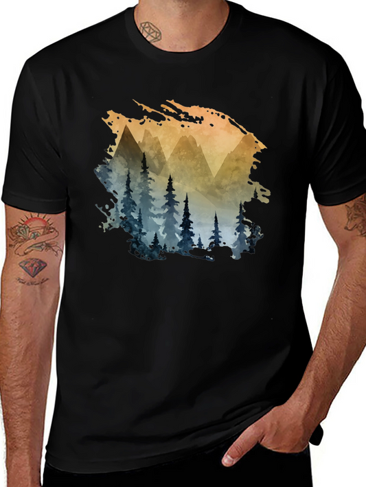 Watercolor Mountain & Trees Graphic Tee - Black
