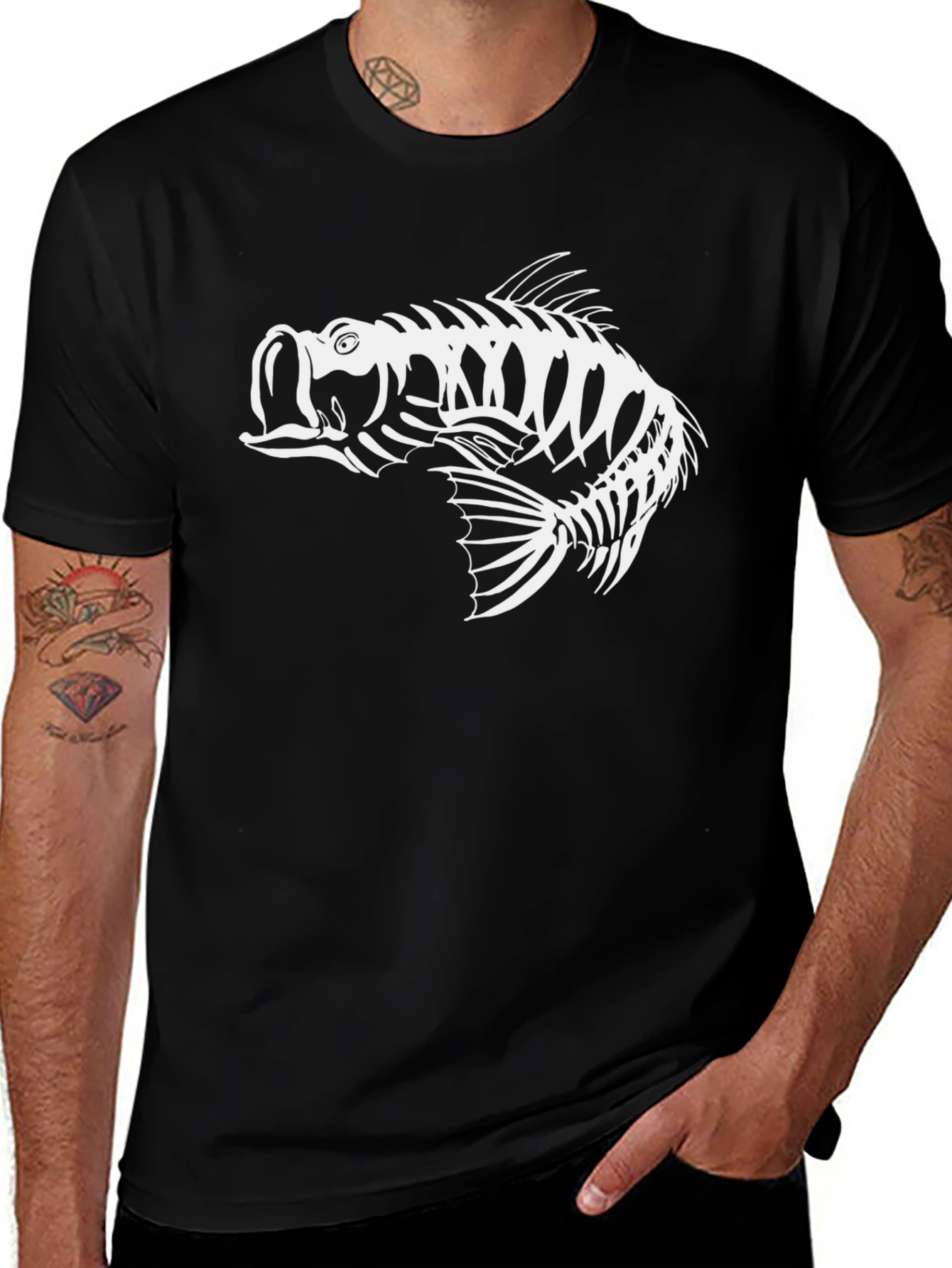 Black T-Shirt with Fish Skeleton Graphic