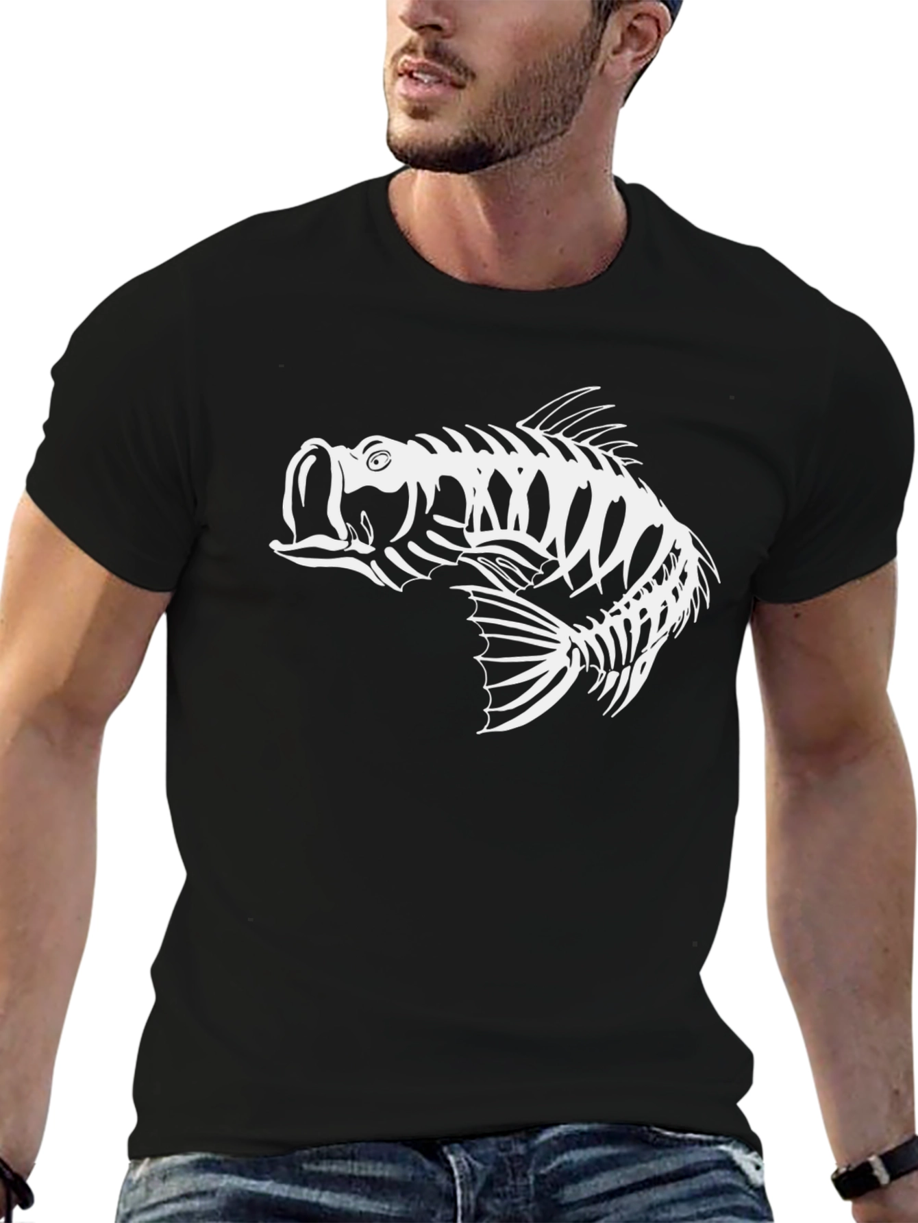 Black T-Shirt with Fish Skeleton Graphic