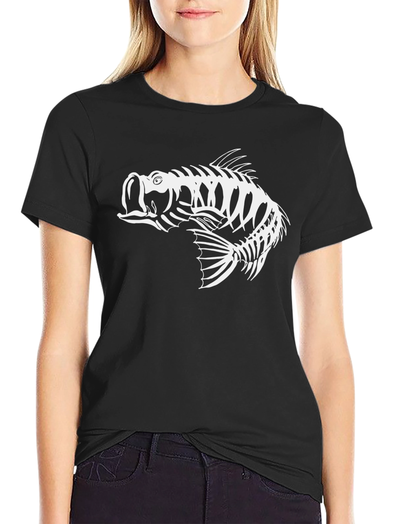 Black T-Shirt with Fish Skeleton Graphic