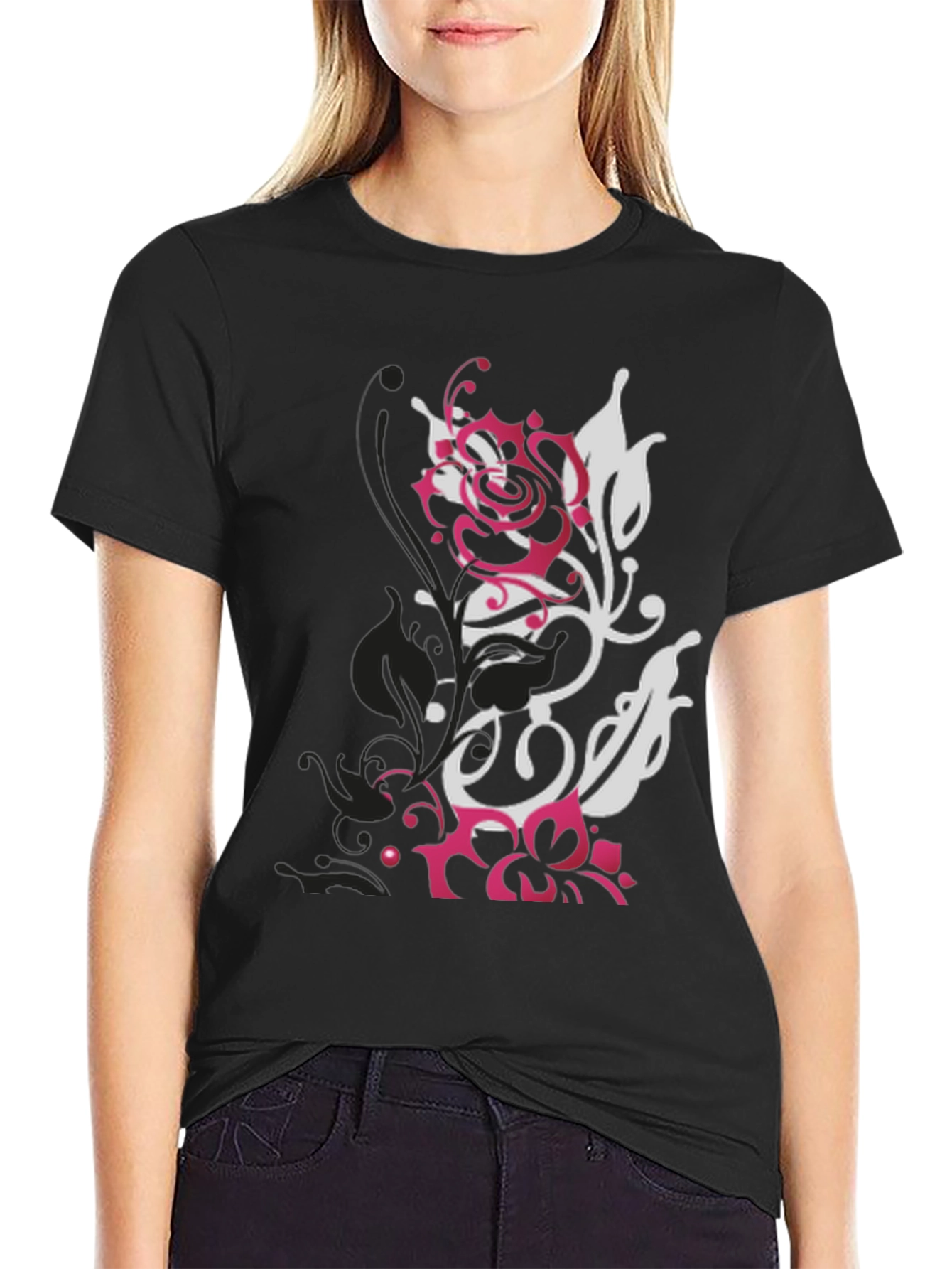 Black T-Shirt with Floral Graphic