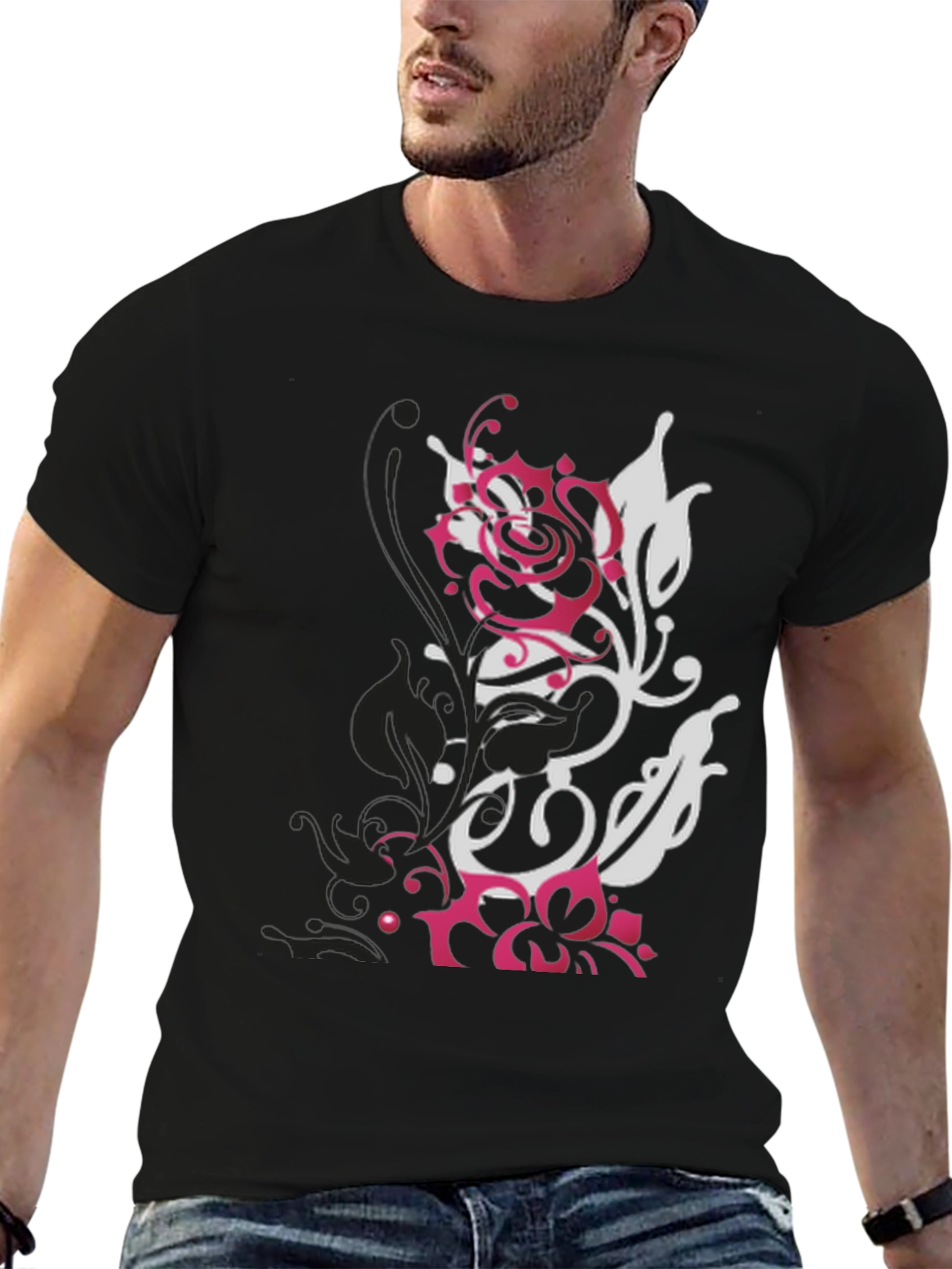 Black T-Shirt with Floral Graphic