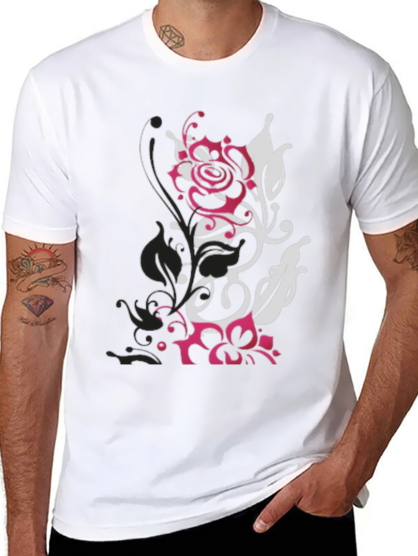 Black T-Shirt with Floral Graphic