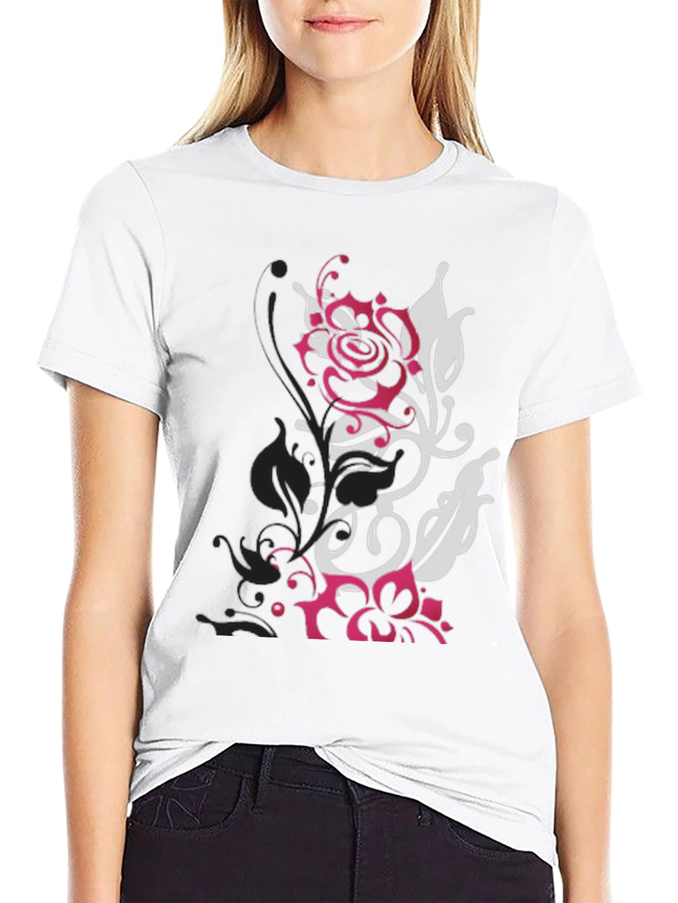Black T-Shirt with Floral Graphic