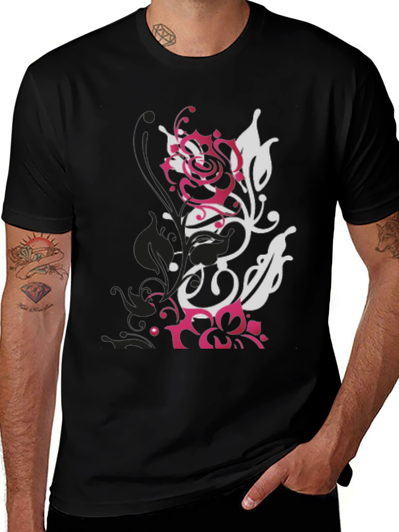 Black T-Shirt with Floral Graphic