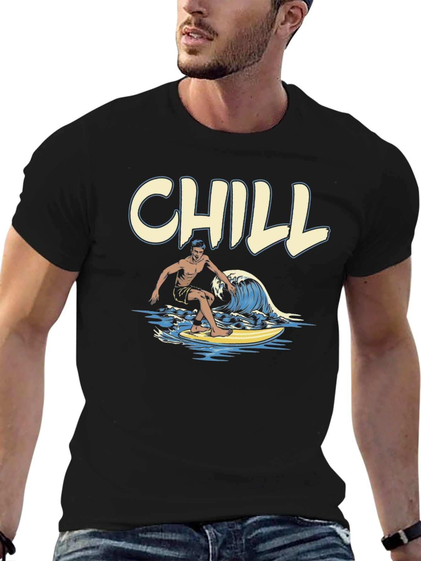Chill Surfer Graphic T-Shirt - Black Cotton Tee