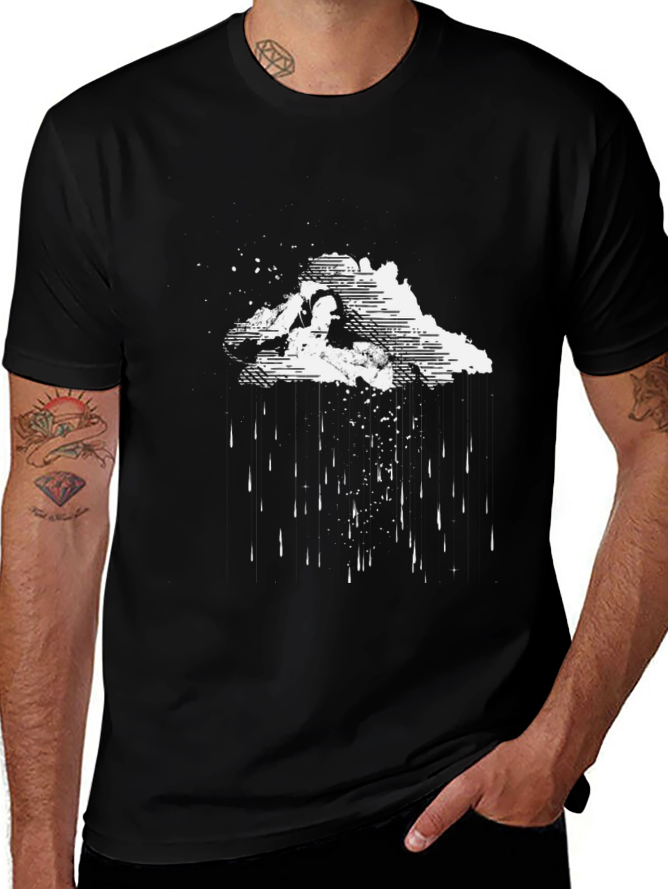 Artistic Rain Cloud Graphic Tee - Black Cotton