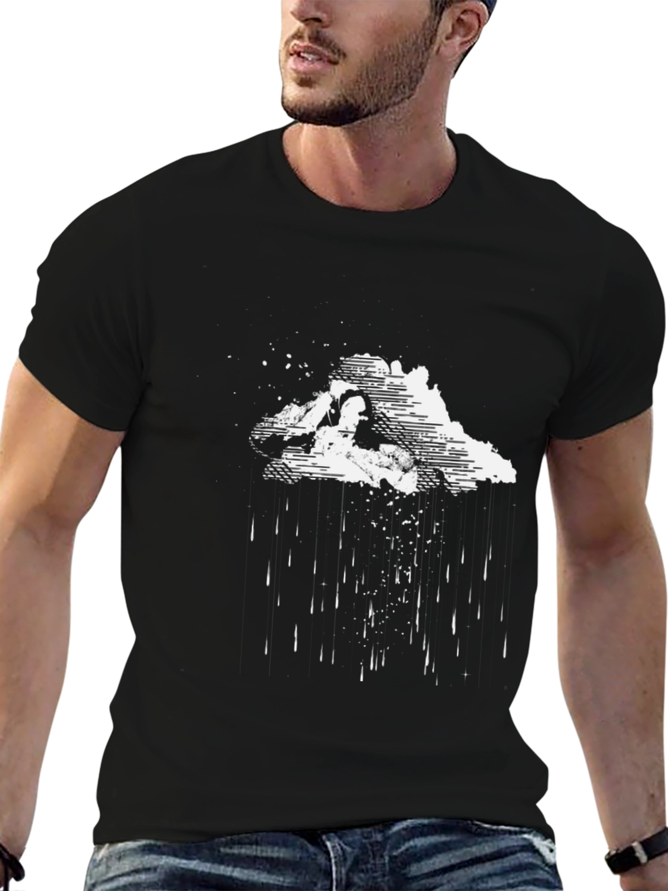 Artistic Rain Cloud Graphic Tee - Black Cotton