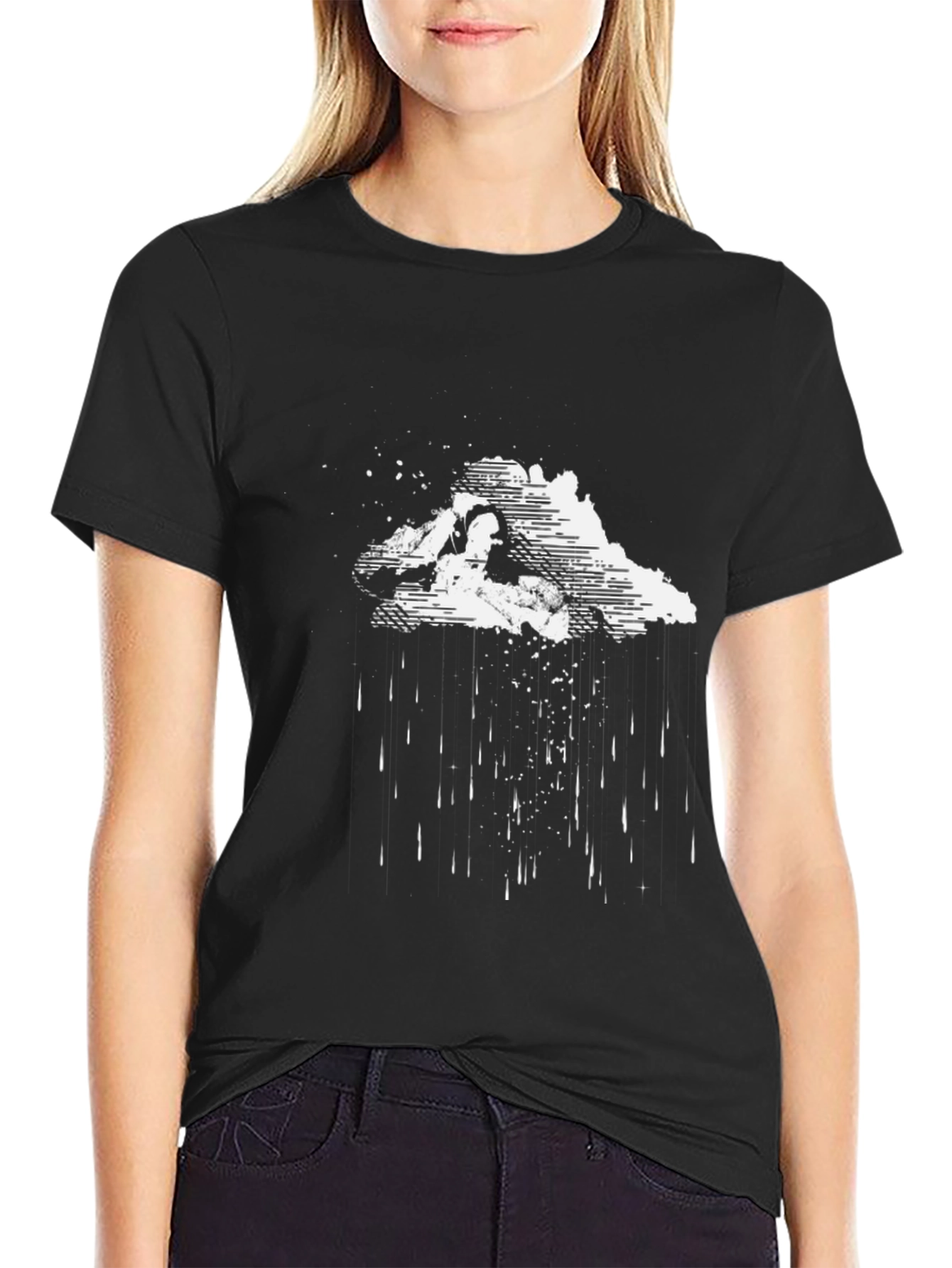 Artistic Rain Cloud Graphic Tee - Black Cotton