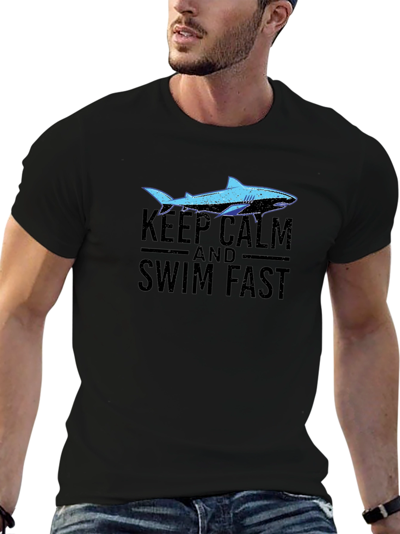 Keep Calm Swim Fast Shark Graphic T-Shirt