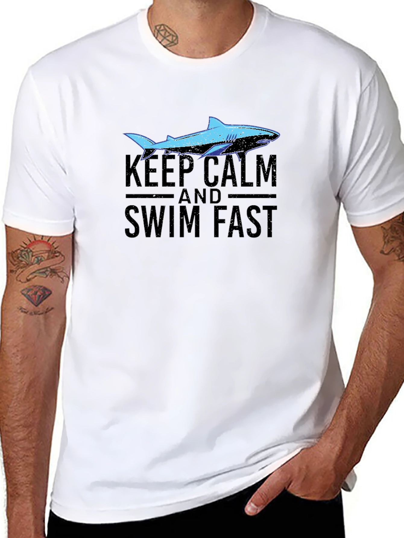 Keep Calm Swim Fast Shark Graphic T-Shirt