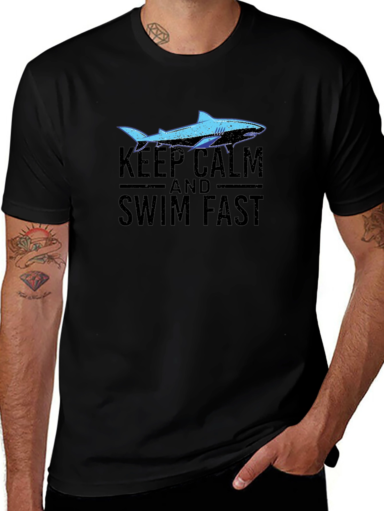 Keep Calm Swim Fast Shark Graphic T-Shirt