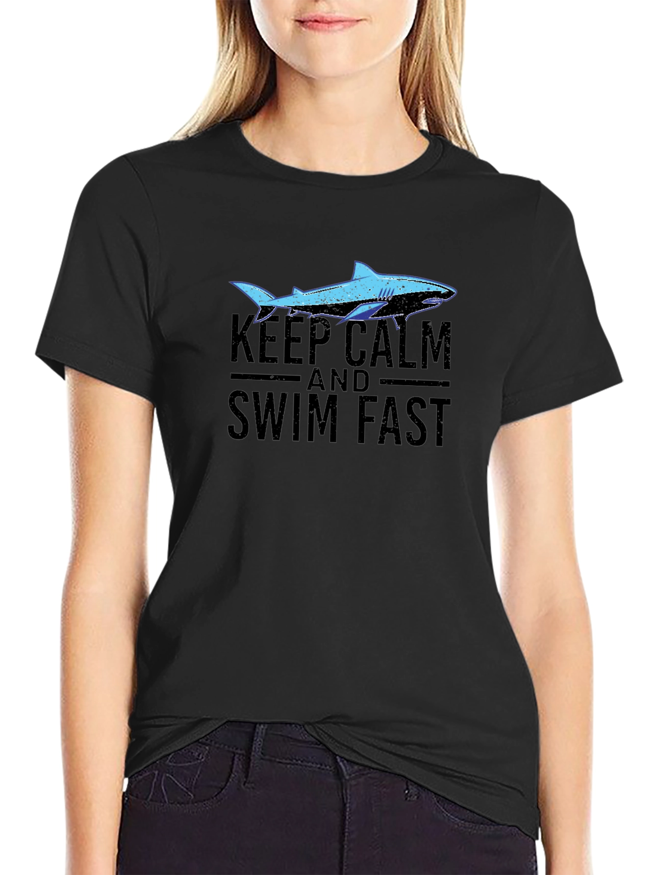 Keep Calm Swim Fast Shark Graphic T-Shirt