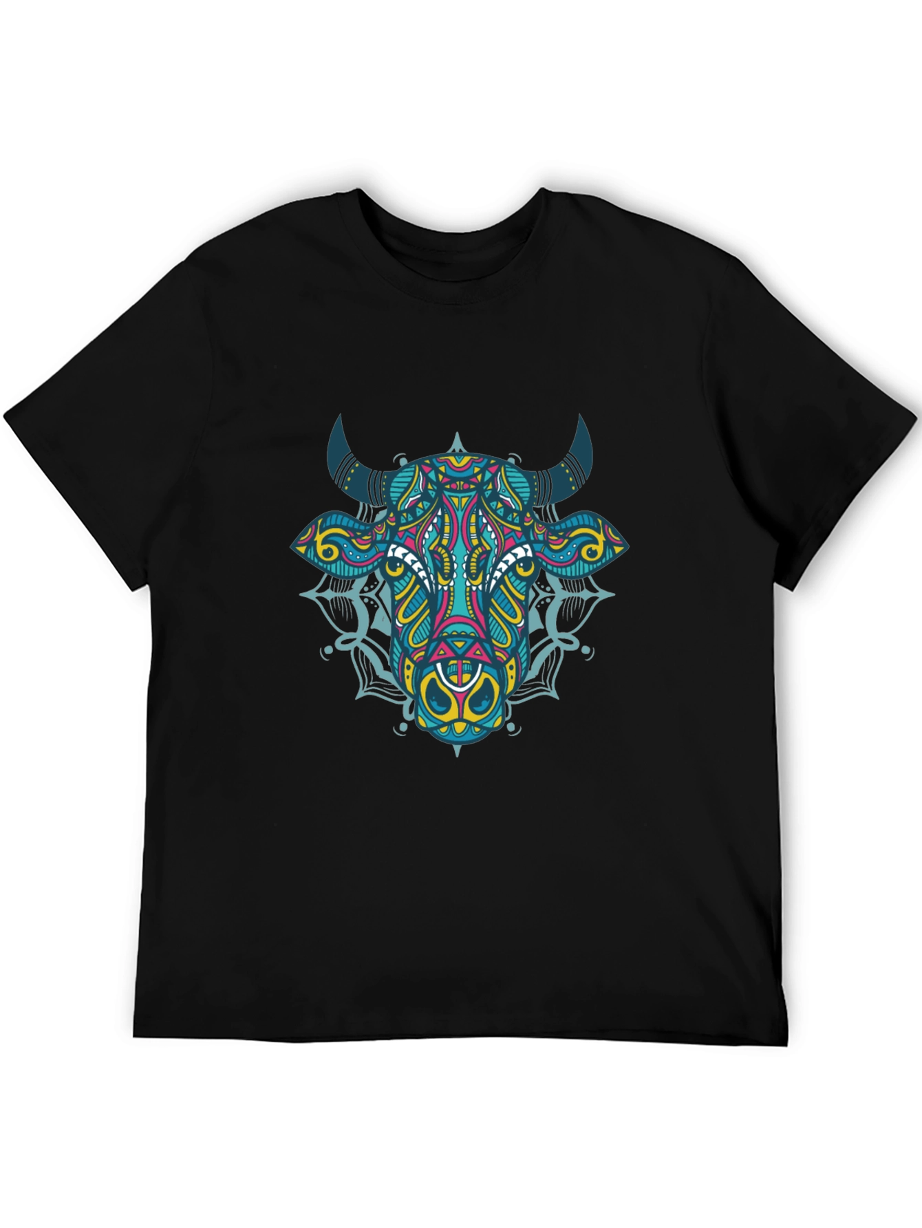 Geometric Bull Graphic Tee - Black Cotton T-Shirt