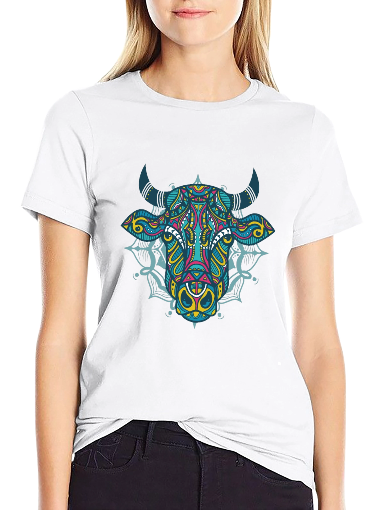 Geometric Bull Graphic Tee - Black Cotton T-Shirt