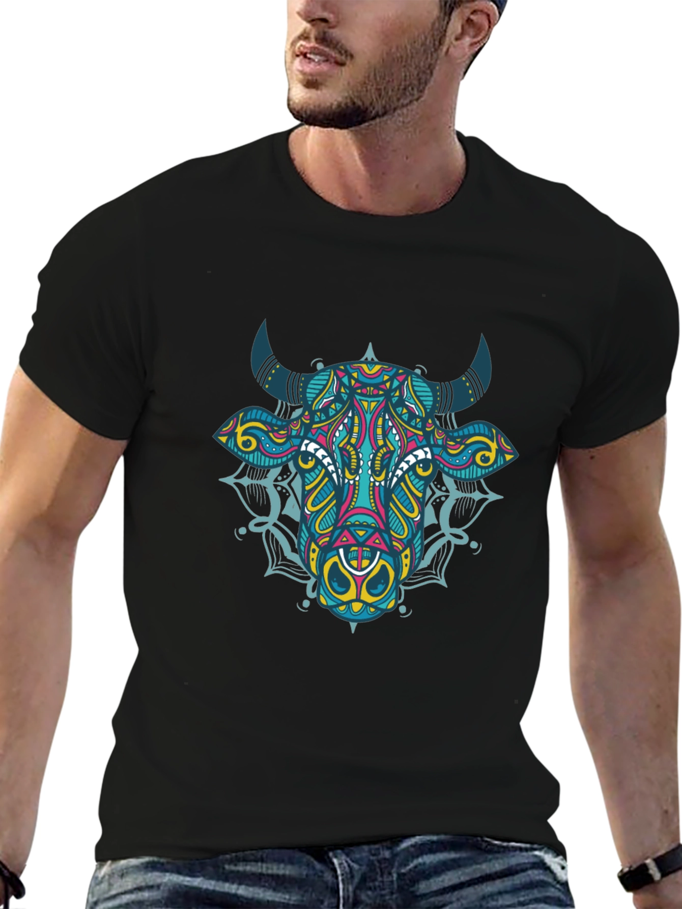 Geometric Bull Graphic Tee - Black Cotton T-Shirt