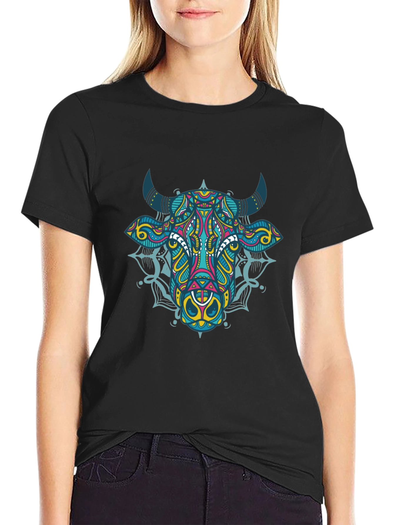 Geometric Bull Graphic Tee - Black Cotton T-Shirt