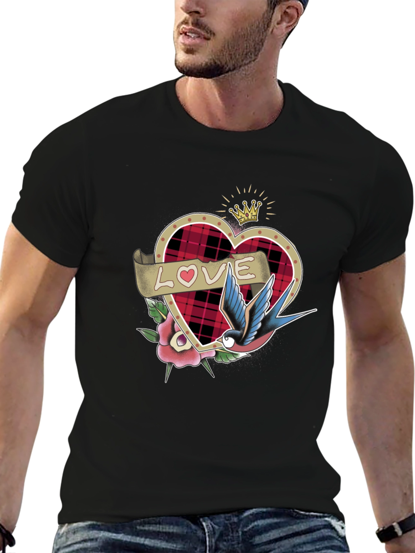 Love Tattoo Heart Graphic Black T-Shirt