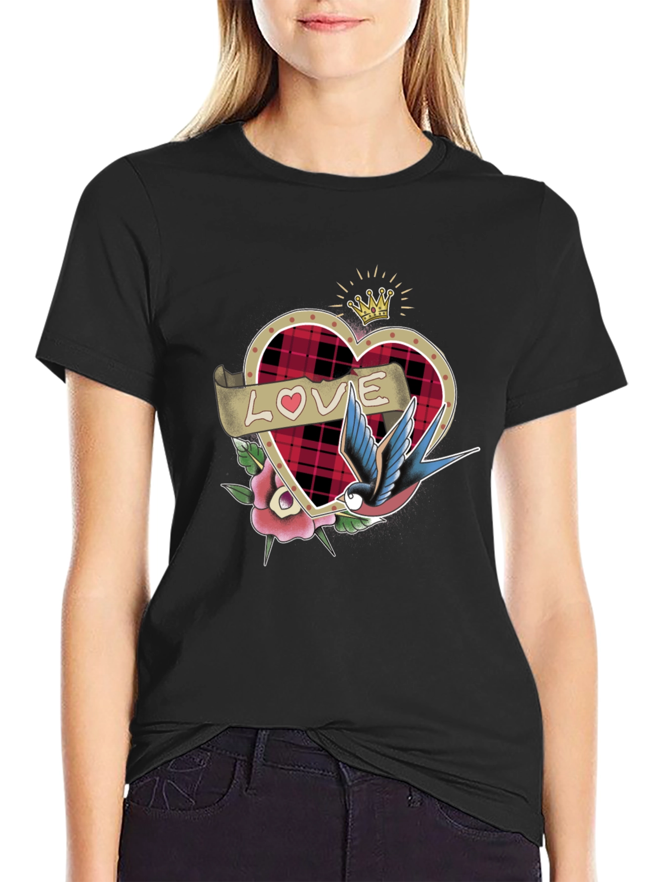 Love Tattoo Heart Graphic Black T-Shirt