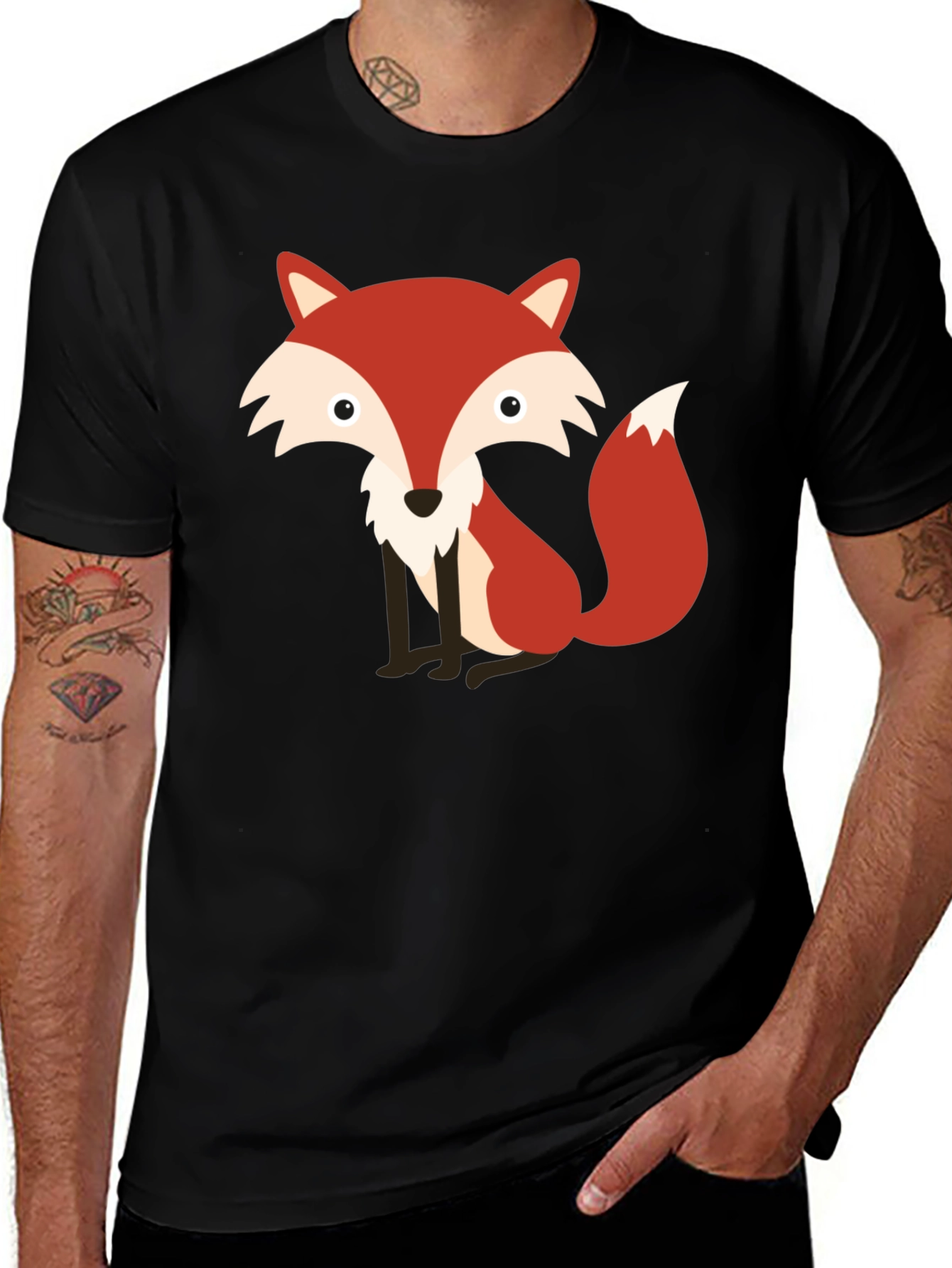 Cute Fox Graphic Print Black T-Shirt