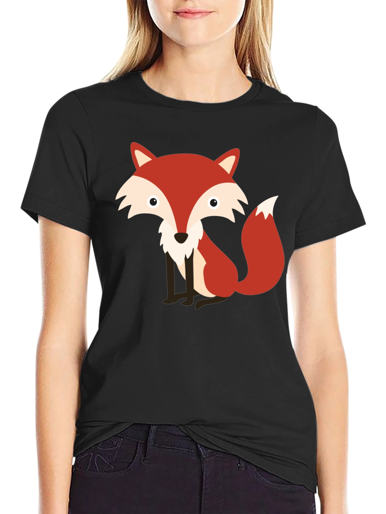 Cute Fox Graphic Print Black T-Shirt
