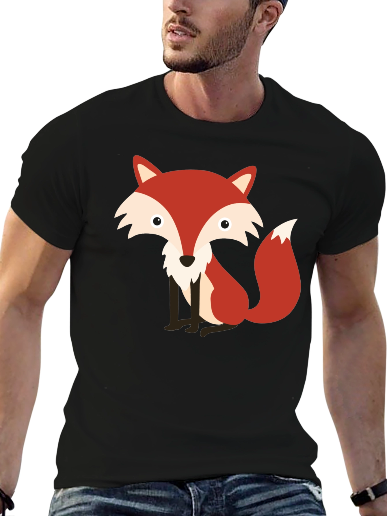 Cute Fox Graphic Print Black T-Shirt
