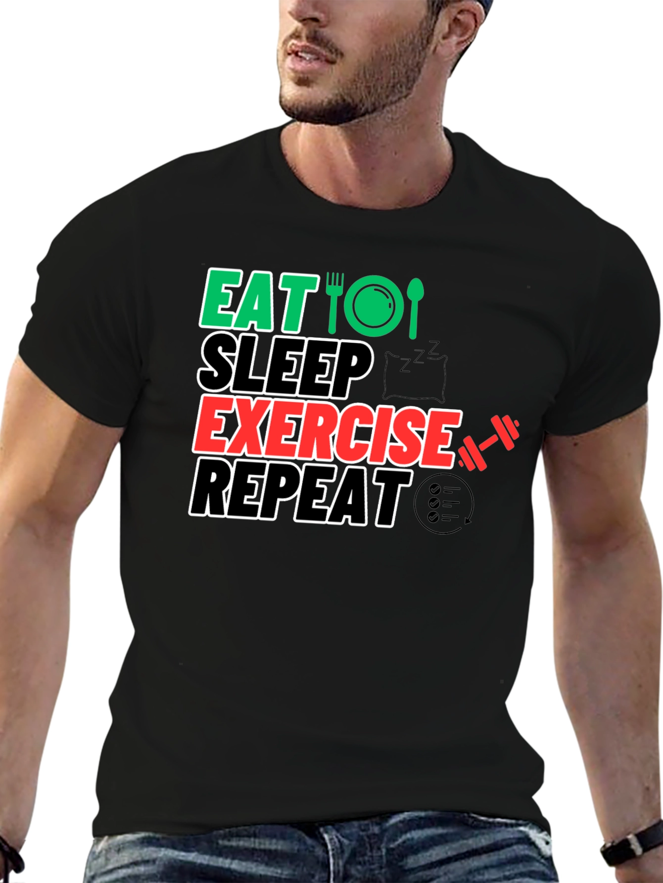 Eat Sleep Exercise Repeat Black Graphic Tee