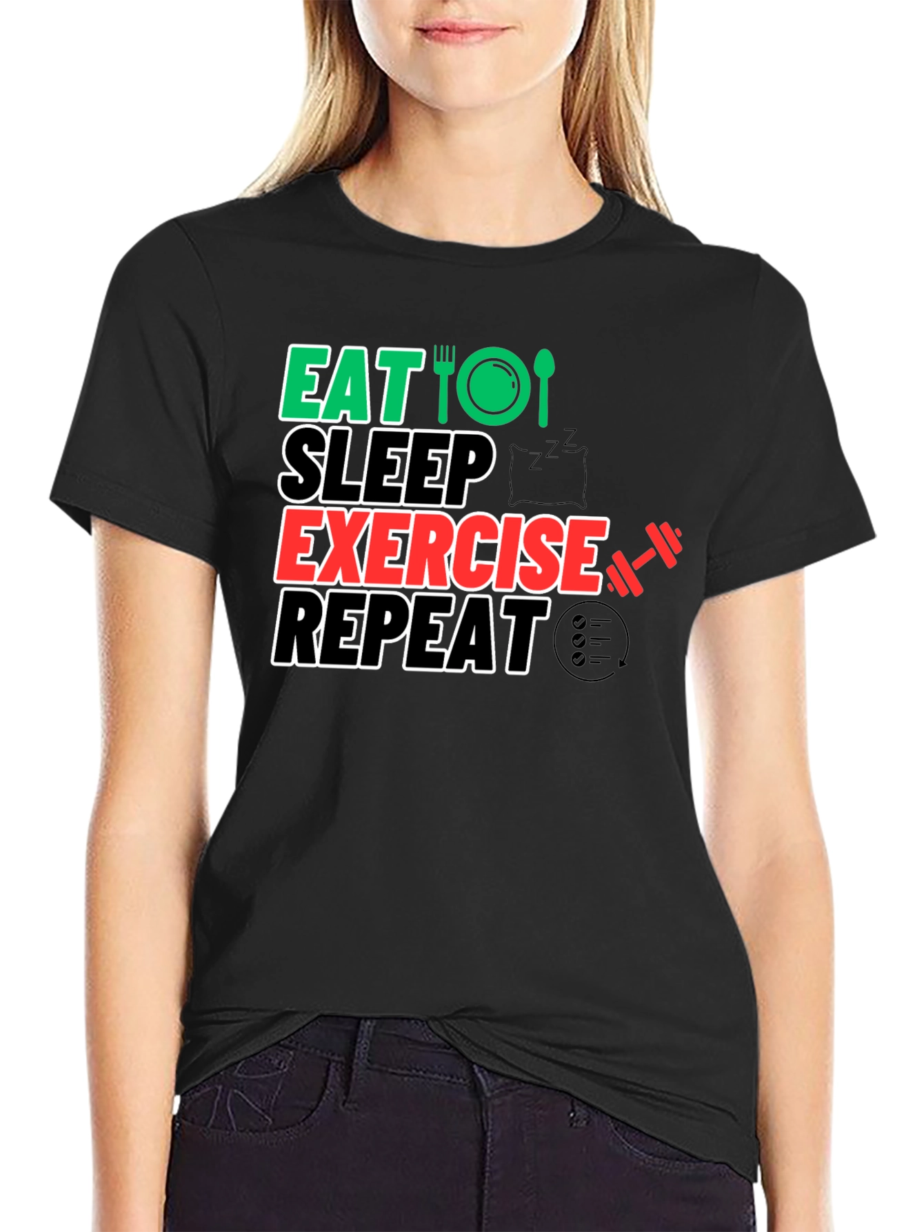 Eat Sleep Exercise Repeat Black Graphic Tee