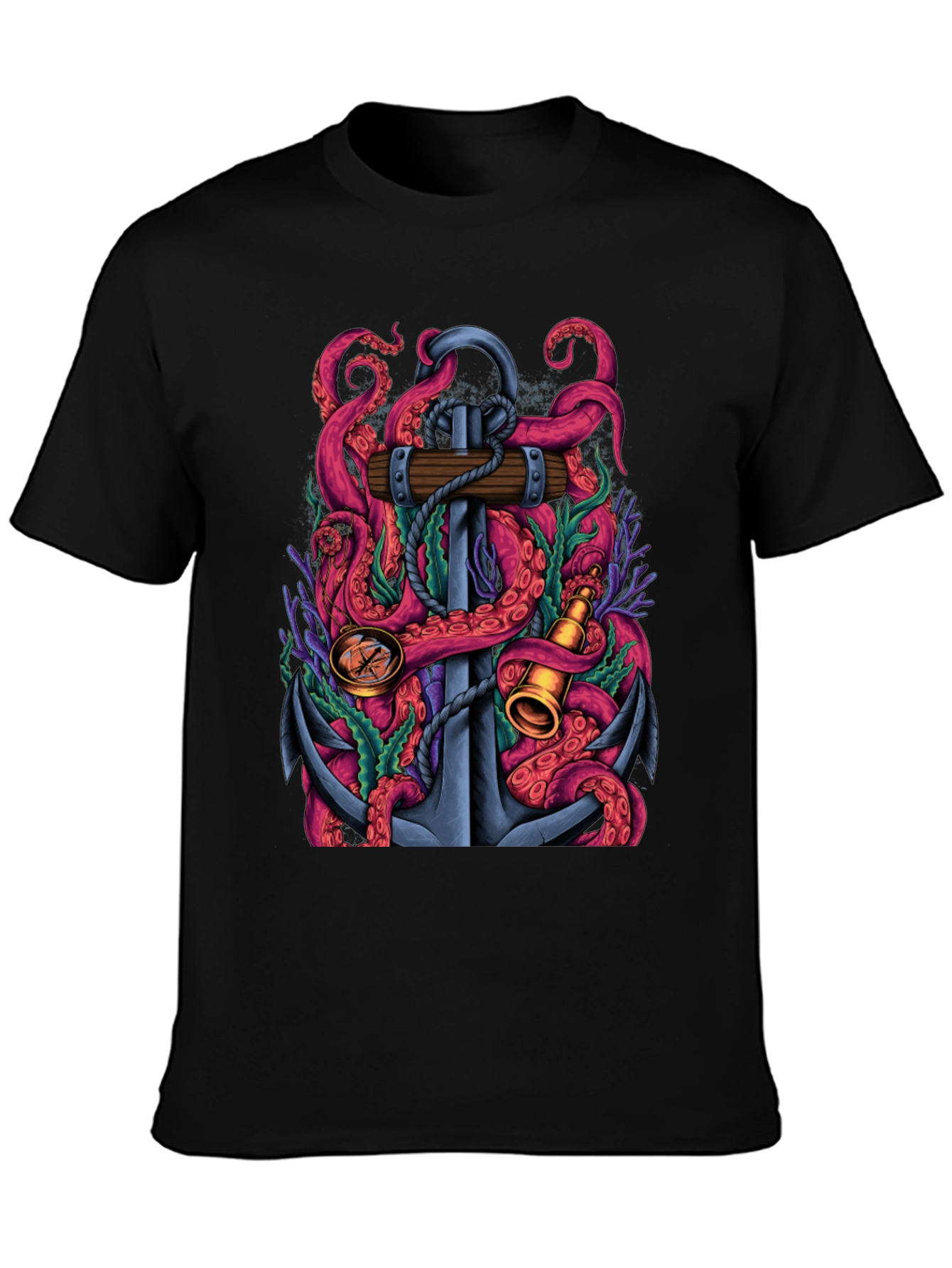 Nautical Octopus Anchor Graphic Tee - Black