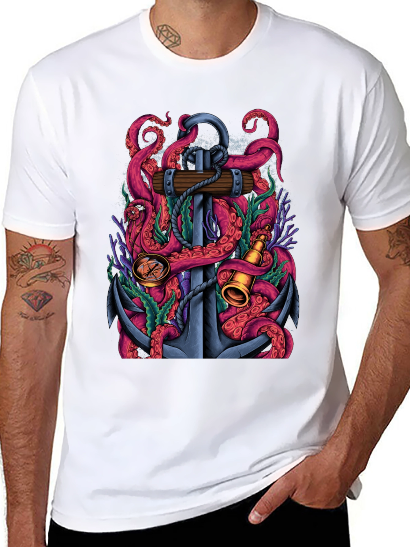 Nautical Octopus Anchor Graphic Tee - Black