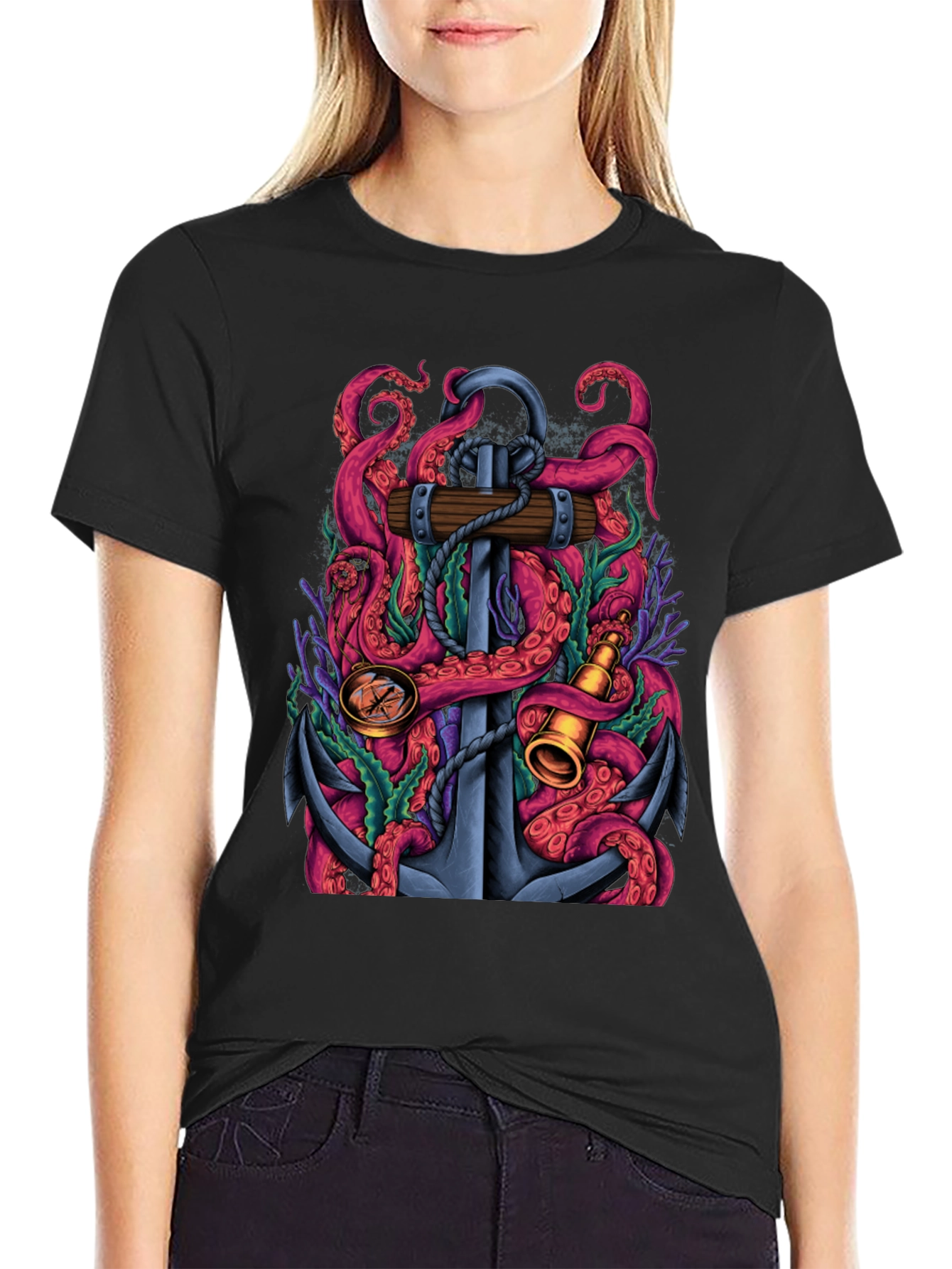 Nautical Octopus Anchor Graphic Tee - Black